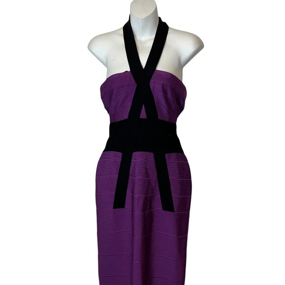 Herve Leger Purple Black Bandage Halter Cocktail Dress M - Picture 2 of 7